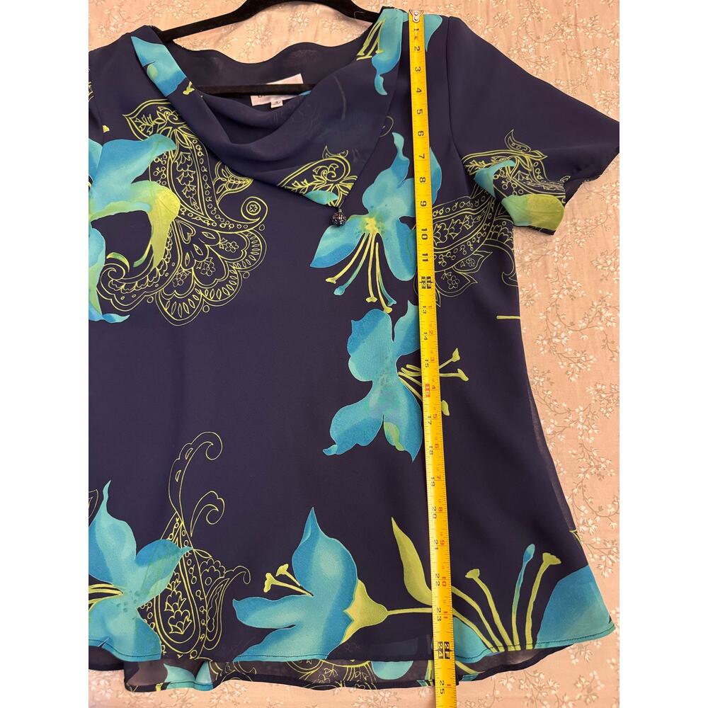 Studio I 2-Piece Chiffon Skirt Set Navy Blue Turquoise Floral Cowl Neck Midi 12 - Picture 9 of 10